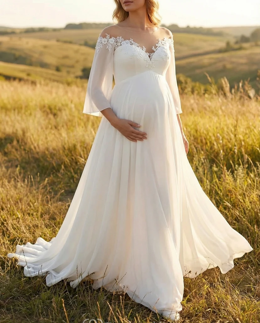 Robe de mariée de maternité bohème à épaules dénudées avec applications de dentelle