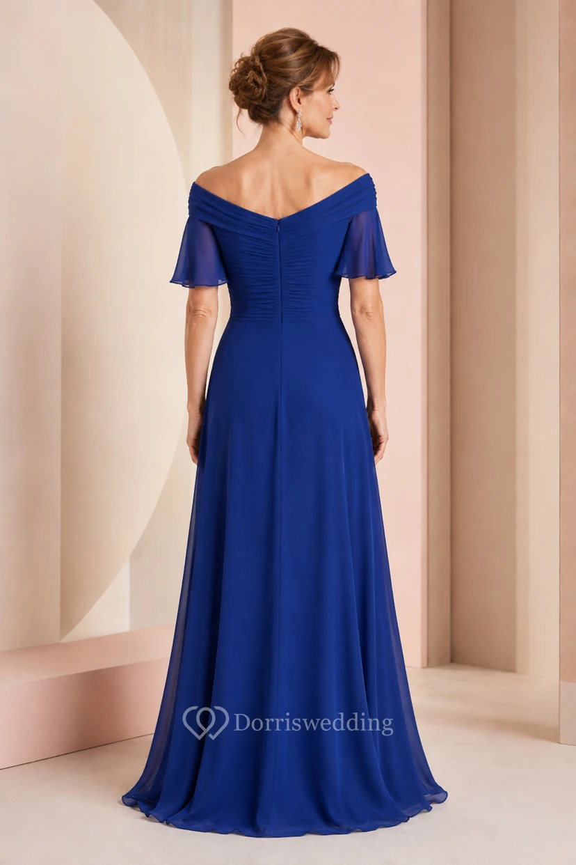 MOB-Kleid, königsblau, Chiffon, A-Linie, kurze Ärmel, schulterfrei, bodenlang, Rüschenbesatz view 2