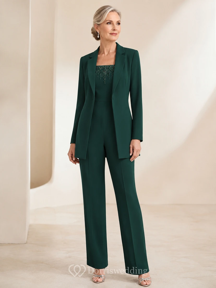 Dark Green Mother Jumpsuit with Jewel Neck Long Blazer Jacket and Straight Leg Pants