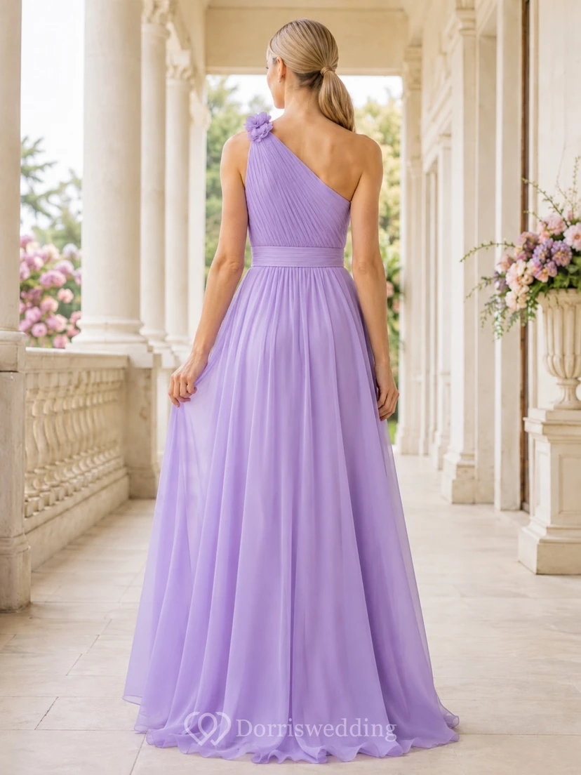 Lavender One-shoulder Flower Pleated Chiffon Cotillion Ball Gown Formal Evening Dress view 2