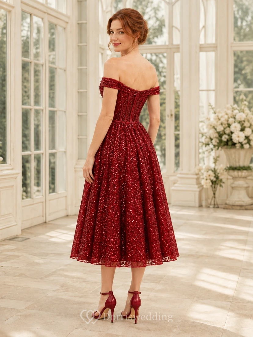 Elegantes, rotes Paillettenkleid mit schulterfreiem Ausschnitt, kurzen Ärmeln, A-Linien-Schnitt und Teelänge view 2
