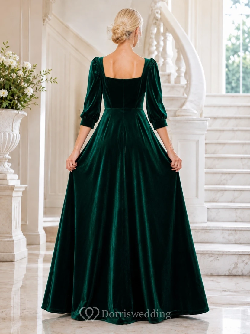 Dark Green Square Neck Long Sleeve Velvet Ball Gown Dress view 2