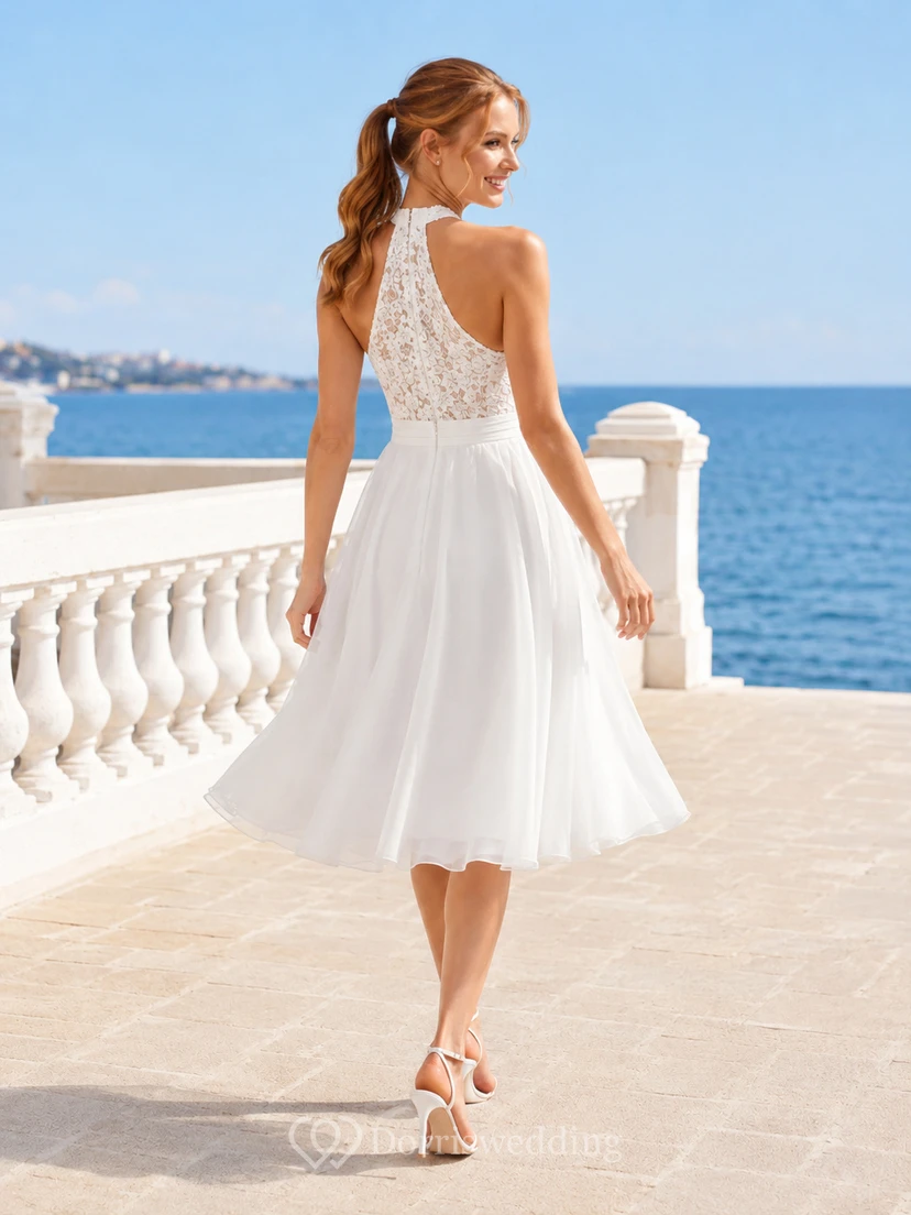 Bohemian Tea-Length High Neck Halter Lace Beach Romantic Wedding Dress view 2