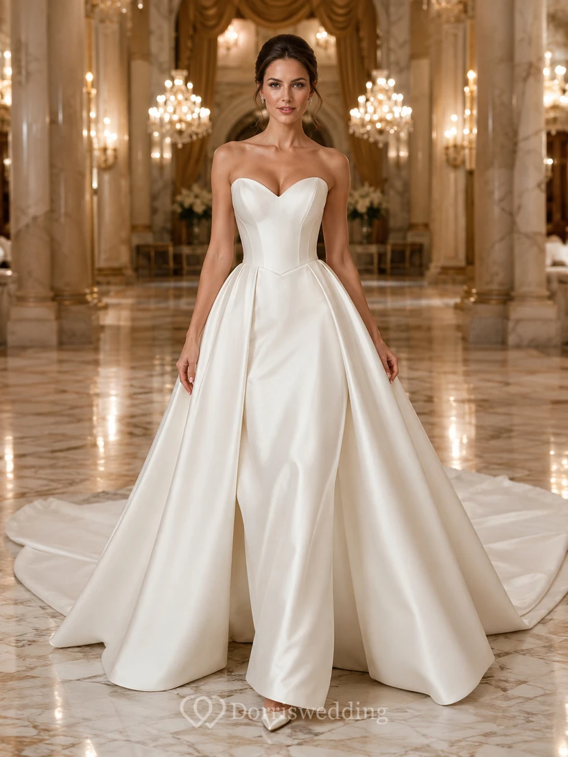 Vestido de novia minimalista de satén, estilo princesa, sin tirantes, escote corazón, cola de corte.