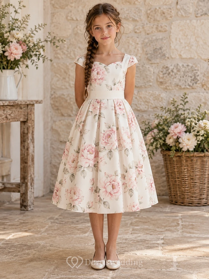 Sweetheart Tea-length Pink Rose Floral Print Cap Sleeve Flower Girl Dress
