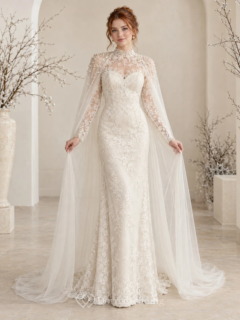 Vestido de novia vintage de cuello alto, manga larga y encaje floral con capa.