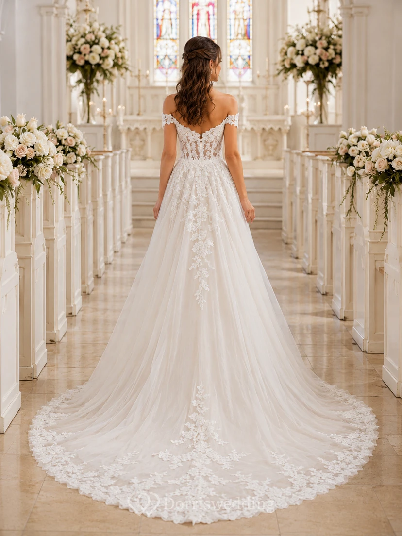 Klassisches schulterfreies A-Linien-Brautkleid mit Spitzenapplikationen view 2