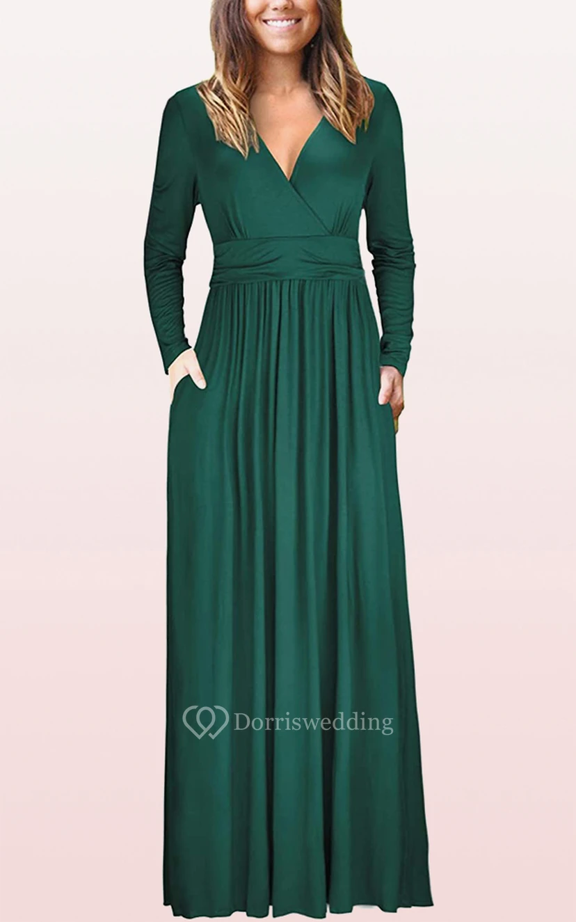 Ethereal Jersey V-neck A Line Guest Formal Dress With Pockets view 8