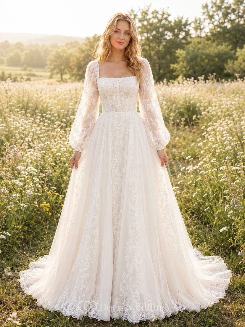 Boho Square Neck Bishop Sleeve Lace Meadow Bridal Gown