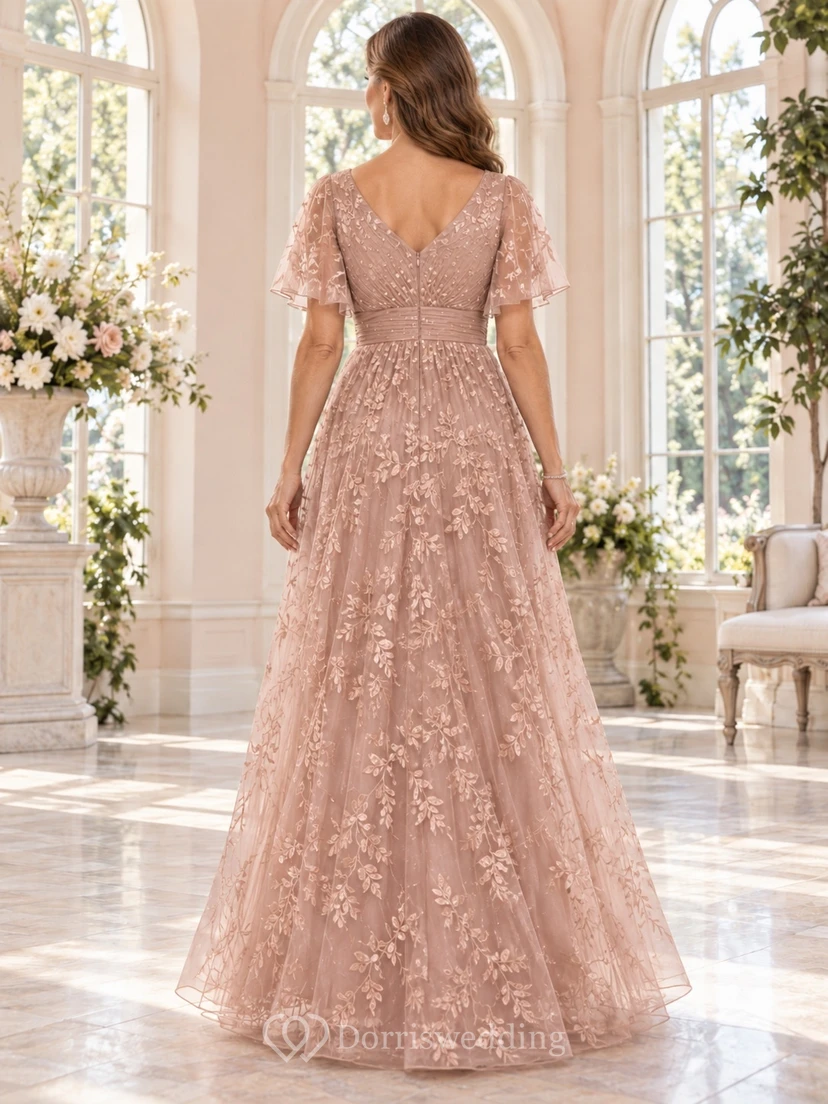 Vestido de tul bordado floral de corte imperio, largo hasta el suelo, con escote en V, mangas acampanadas y estilo oro rosa para la madre de la novia. view 2
