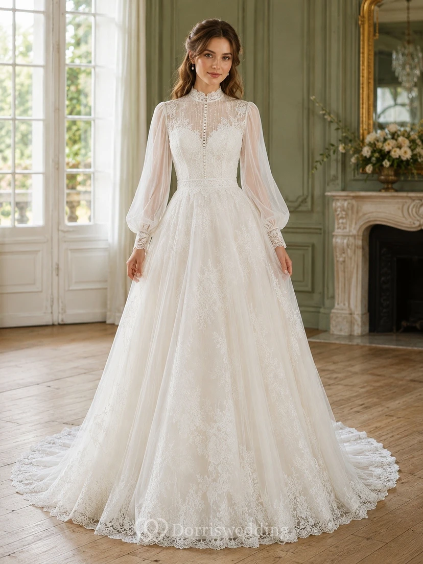 Vestido de novia clásico de encaje con mangas largas, cuello alto, corte en A y cola larga.