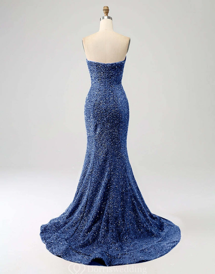 Vestido de sirena brillante con lentejuelas, abalorios y cola larga. view 16