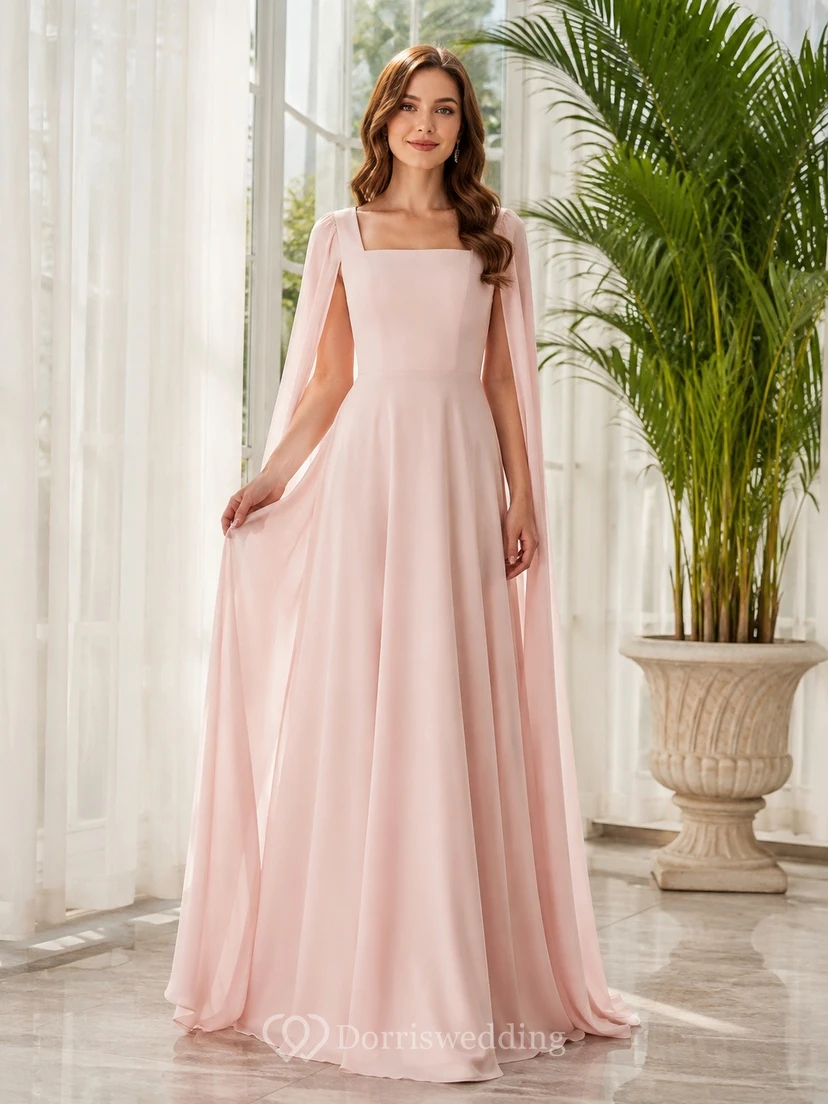 Rosafarbenes, bodenlanges Chiffon-Abendkleid mit V-Ausschnitt und langen Ärmeln