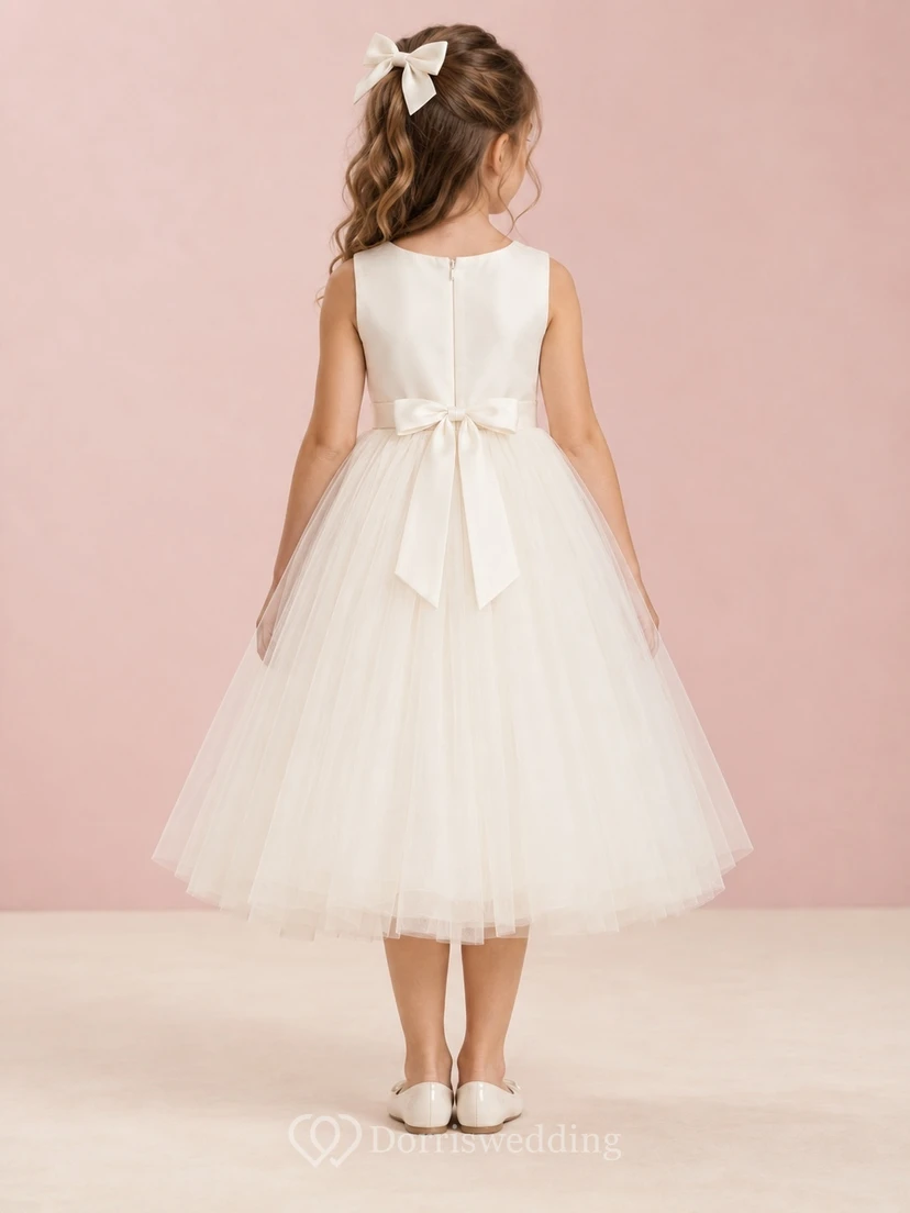Simple Modest Tea-length Ivory Sleeveless A-line Satin Tulle Bow Flower Girl Dress view 2