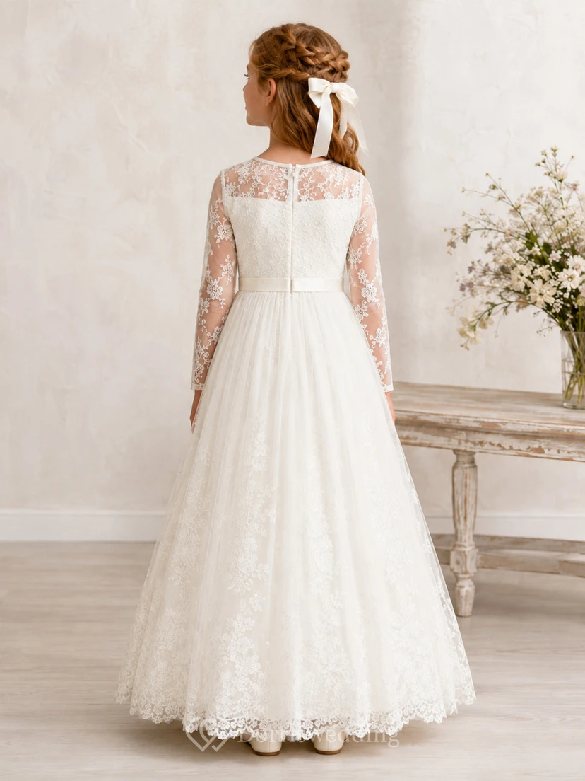 Kommunionkleid mit hohem Kragen, langen Illusionsärmeln und Spitze view 2
