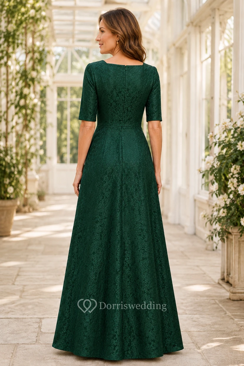 Dunkelgrünes, eckiges Spitzenkleid in A-Linie mit halblangen Ärmeln view 2