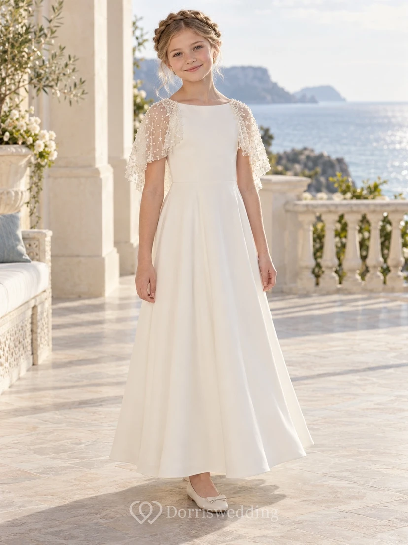 Modest Ivory Dense Pearl Cape Ankle-length Crepe Flower Girl Dress