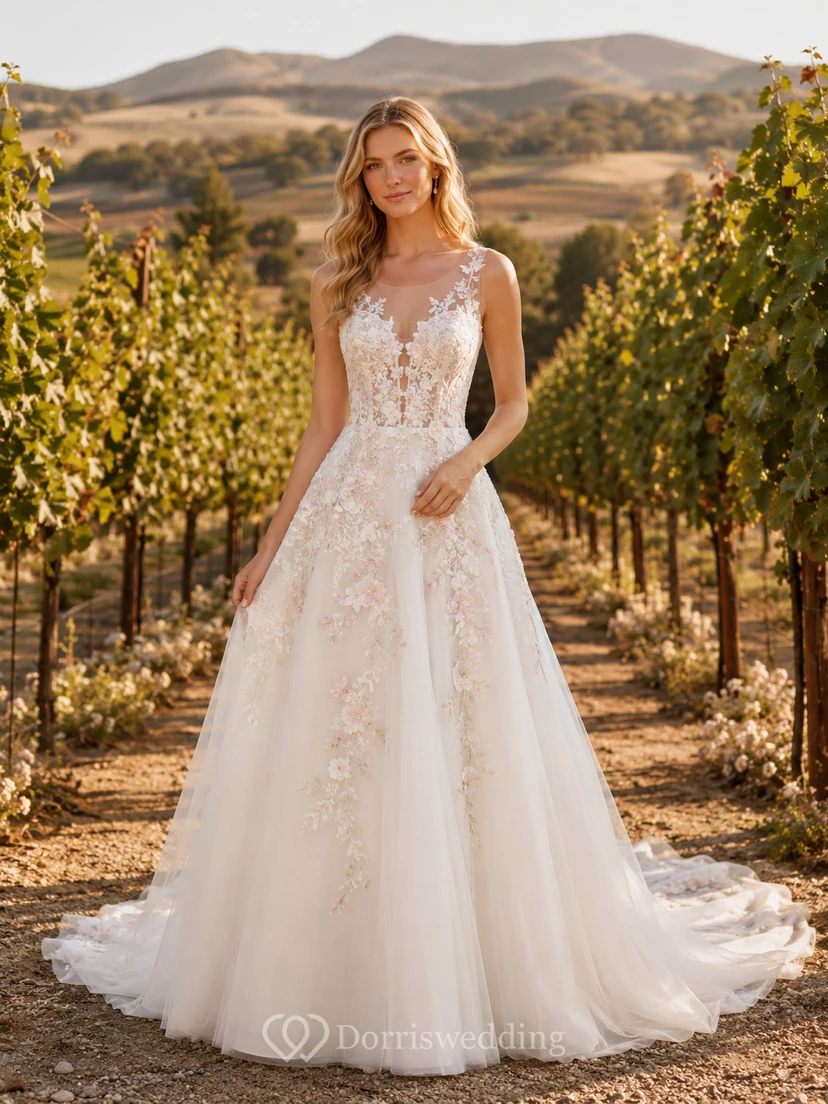 Brautkleid in A-Linie mit floraler Spitze, rosafarbener Stickerei und Weinbergmuster