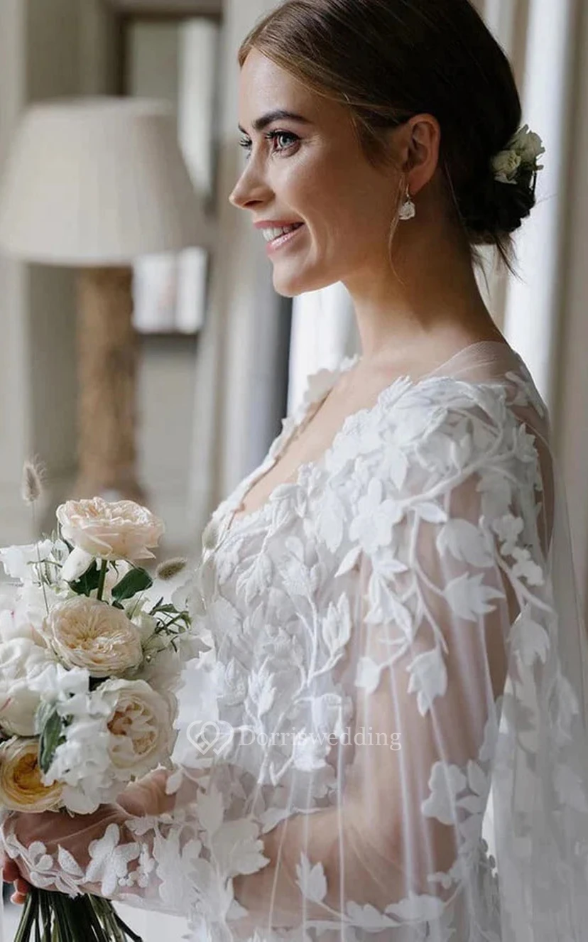 Elegant Long Sleeve Illusion Sheath Lace Applique Charming Vintage Wedding Dress view 3