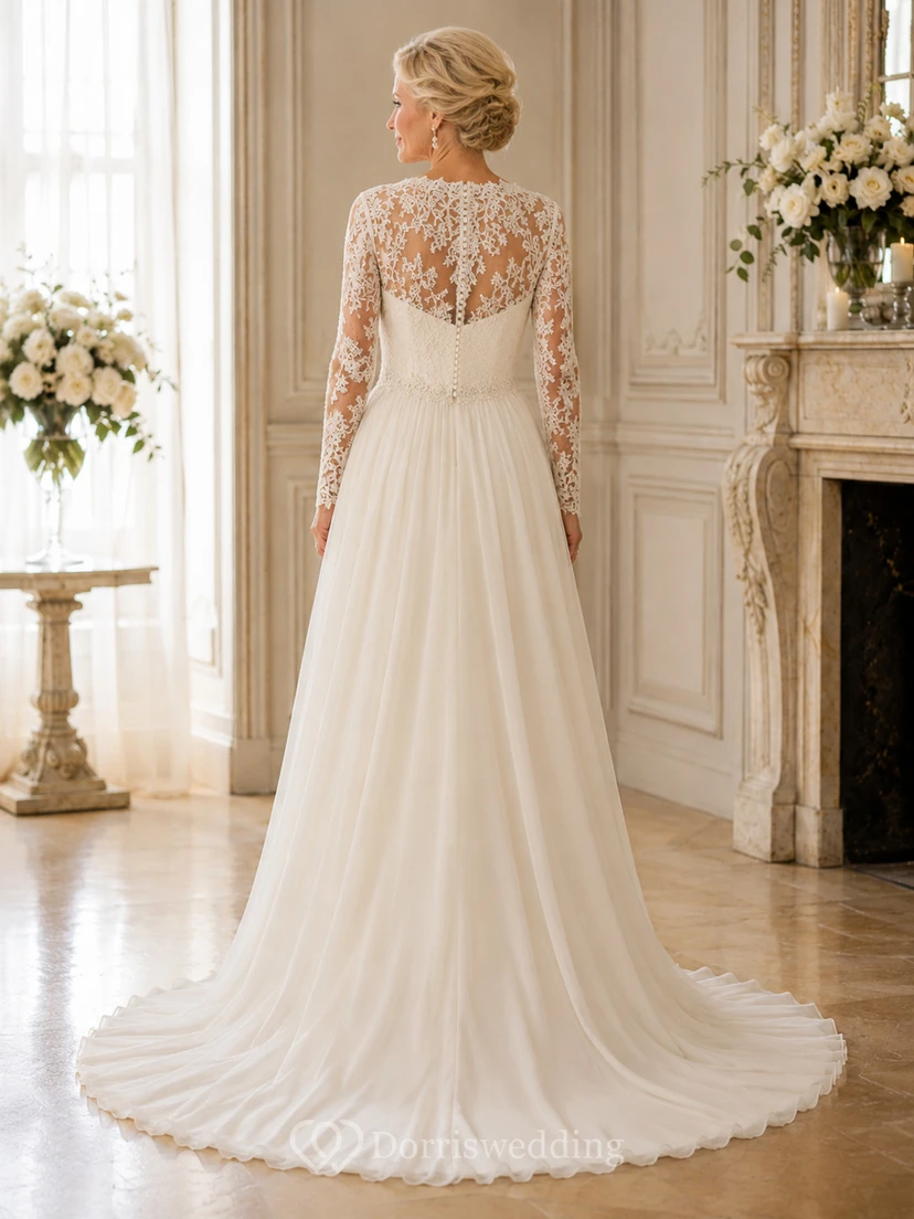 Long Sleeve Lace Bodice A-Line Older Brides Wedding Dress with Soft Tulle Skirt view 2