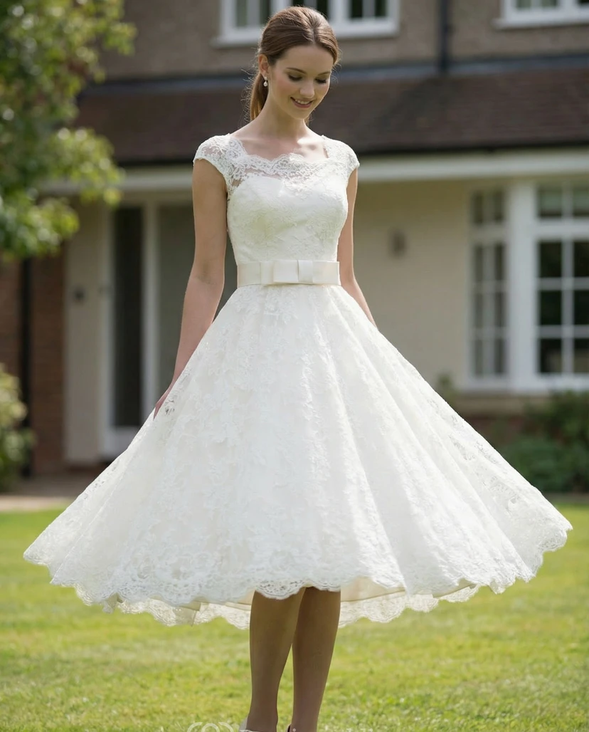 Vestido de novia de largo midi con escote cuadrado y encaje de cinta
