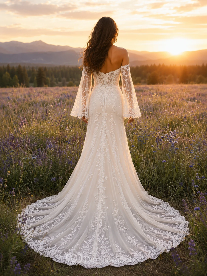 Boho-Meerjungfrauen-Hochzeitskleid aus Spitze mit schulterfreiem Kleid, Glockenärmeln view 2