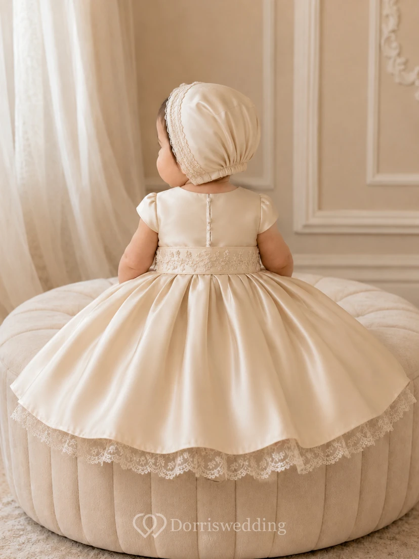 Baptism Dress Luxury Satin A-Line Scoop Neck Sleeveless Lace Hem view 2