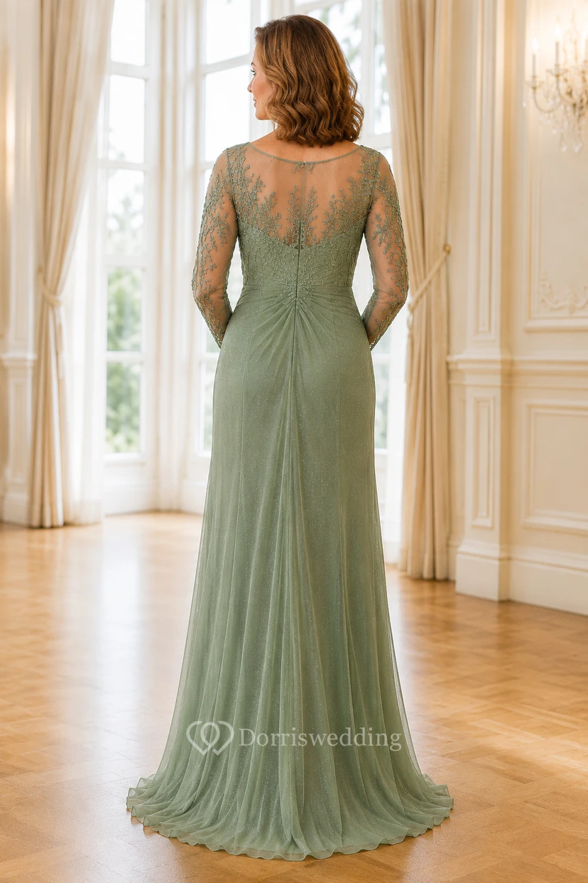 MOB Kleid Salbeigrünes Chiffon-Spitzenkleid, Etuikleid, lange Ärmel, V-Ausschnitt, bodenlang, gerafft view 2