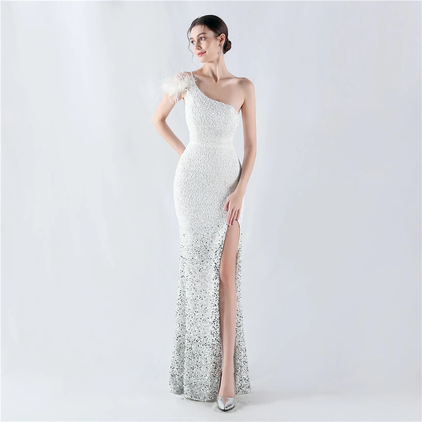 Gradient Velvet Bottom Sequins Craft Beading Ostrich Hair One-Shoulder Oblique Collar High-Slit Evening Dress view 2