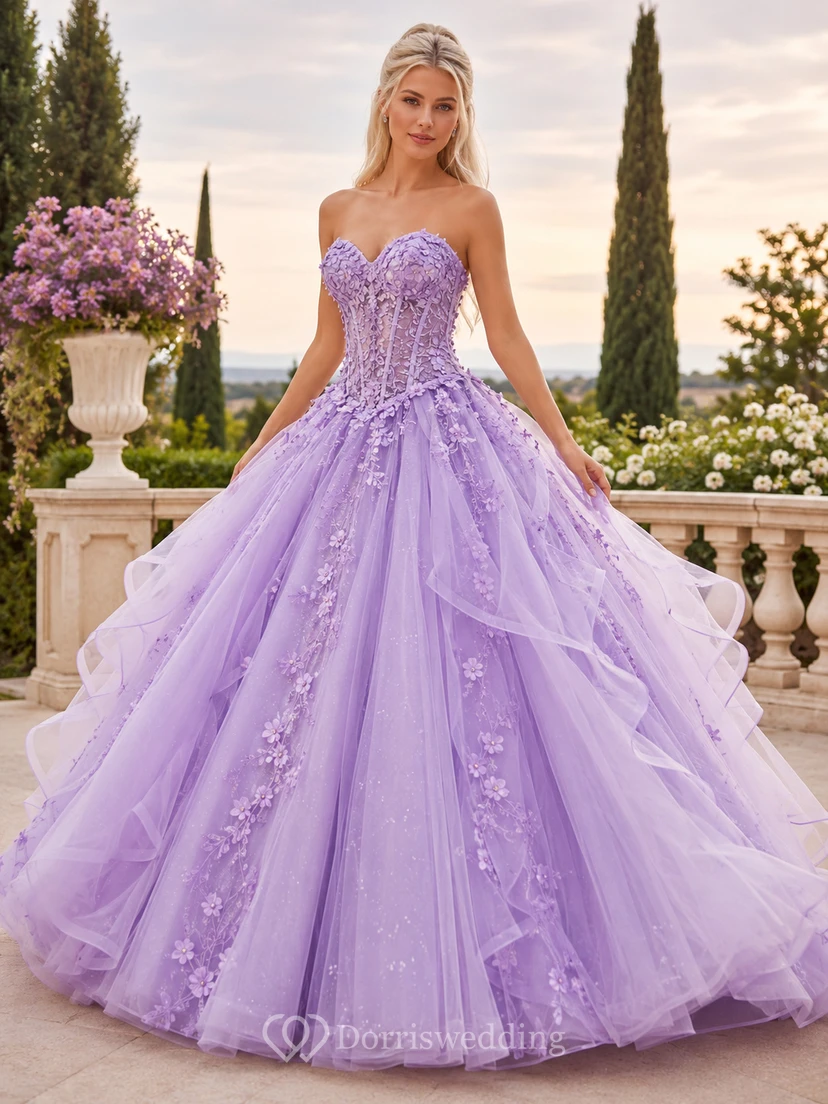 Robe de bal de princesse lilas luxueuse, bustier cœur, taille basse, à fleurs superposées, pour les 16 ans