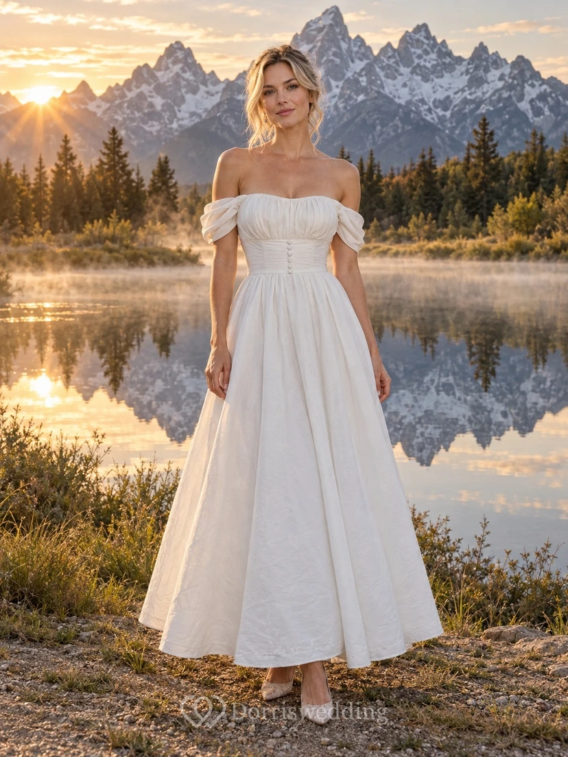 Vestido de novia sencillo de popelina de algodón con escote Bardot, mangas cortas y fruncido, largo hasta los tobillos y corte en A.