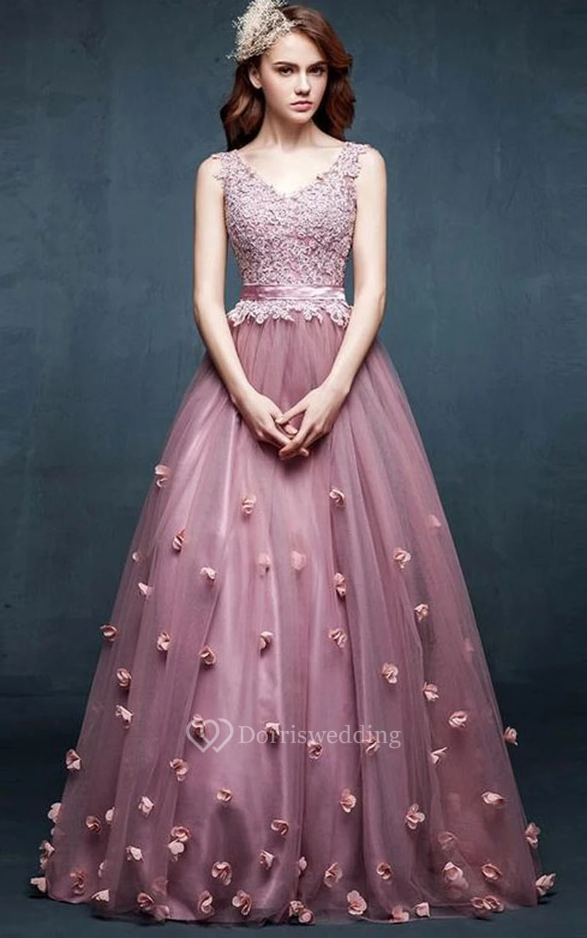 A-line V-neck Sleeveless Appliques Flower Tulle Dress