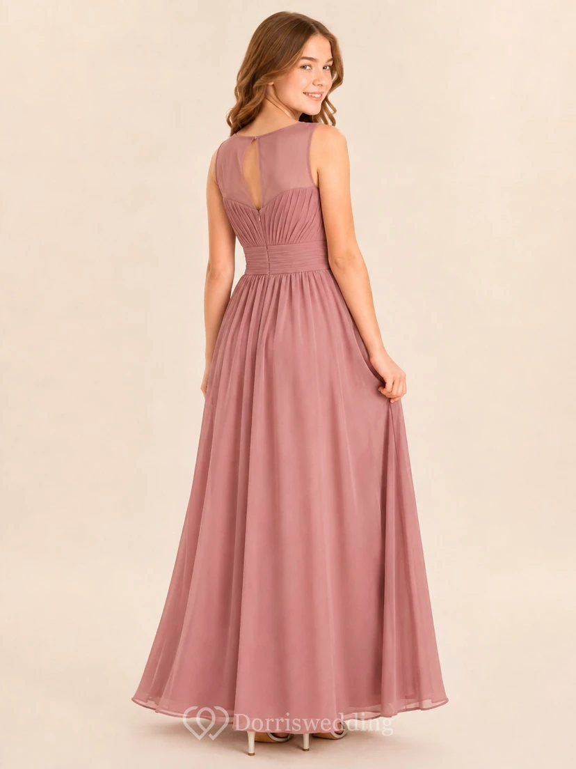 Elegantes, ärmelloses Chiffonkleid in Altrosa für junge Brautjungfern, A-Linie, eckiger Schnitt. view 2