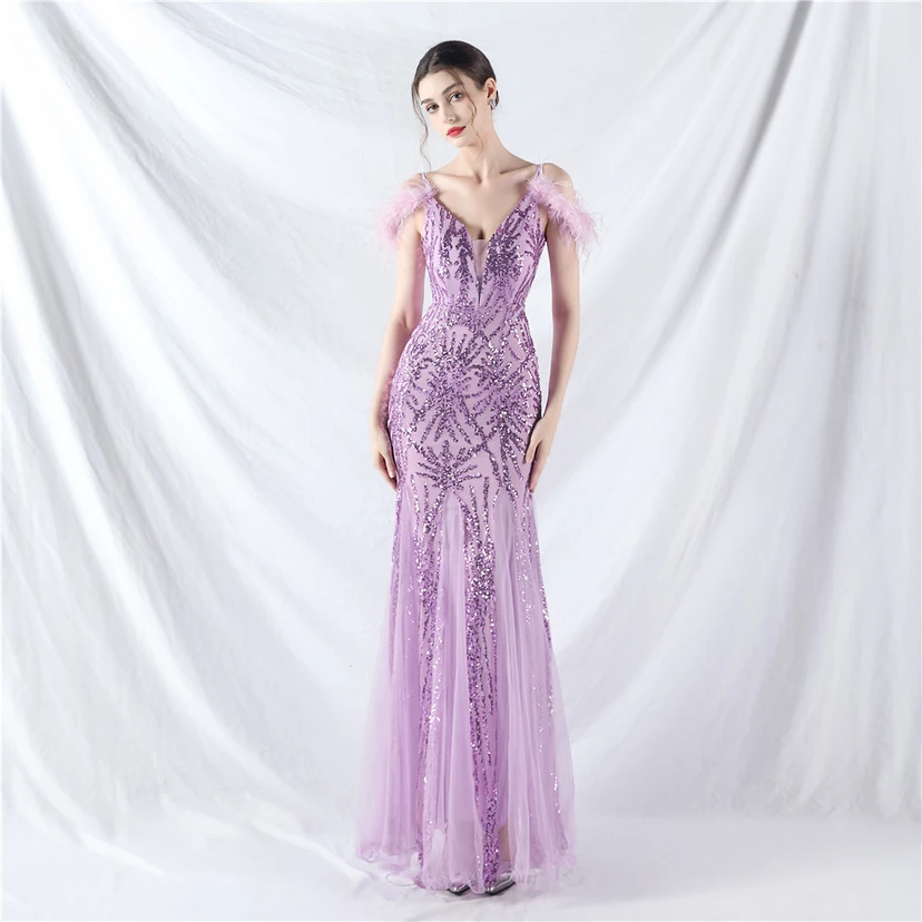 9-farbiges, handgefertigtes Abendkleid aus Kamelfedern, Netzstoff und Pailletten, sexy Trägern view 51