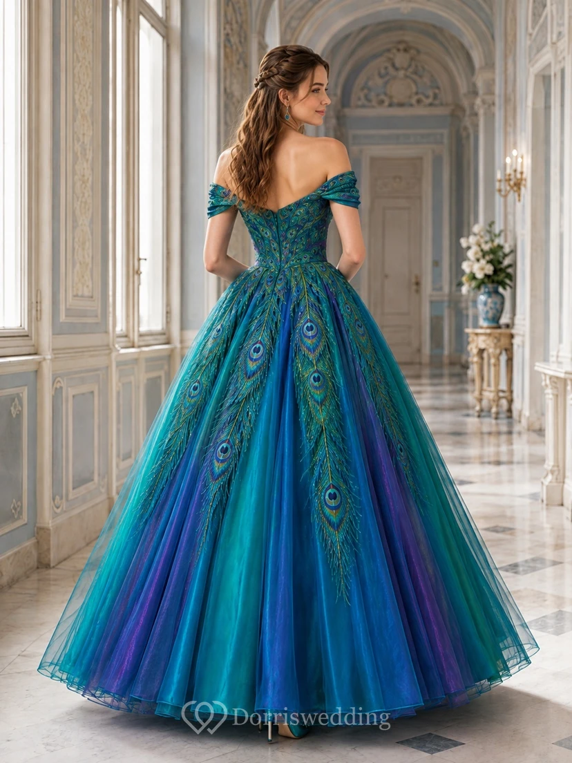 Peacock Prom Dress A-Line Tulle Printed Off-the-Shoulder Full Skirt Luxury Gown view 2