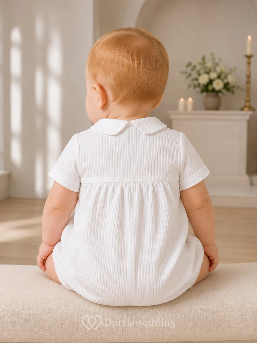 White Cross Embroidered Peter Collar Baptism Bubble Romper for Baby Boy view 2