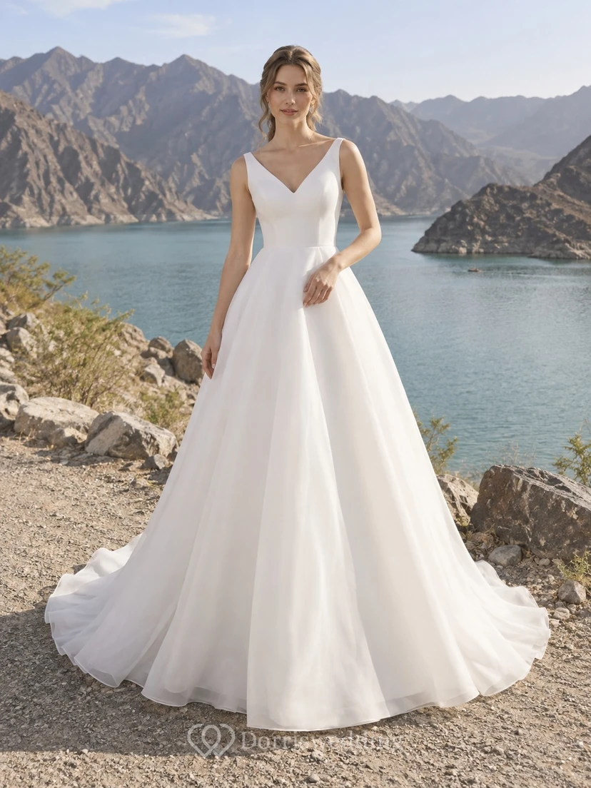 Vestido de novia sencillo de organza con escote en V, sin mangas y corte en A, con cola.