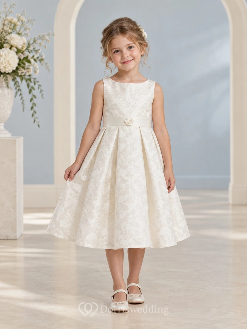Tea-length Vintage Ivory A-line Floral Textured Sleeveless Bow-back Flower Girl Dress