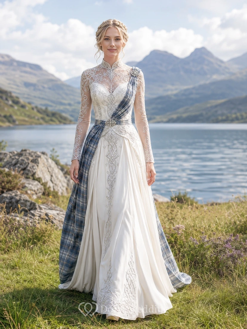 Scottish Celtic Tartan-Drape Long-Sleeve High-Neck Lace A-Line Modest Wedding Dress