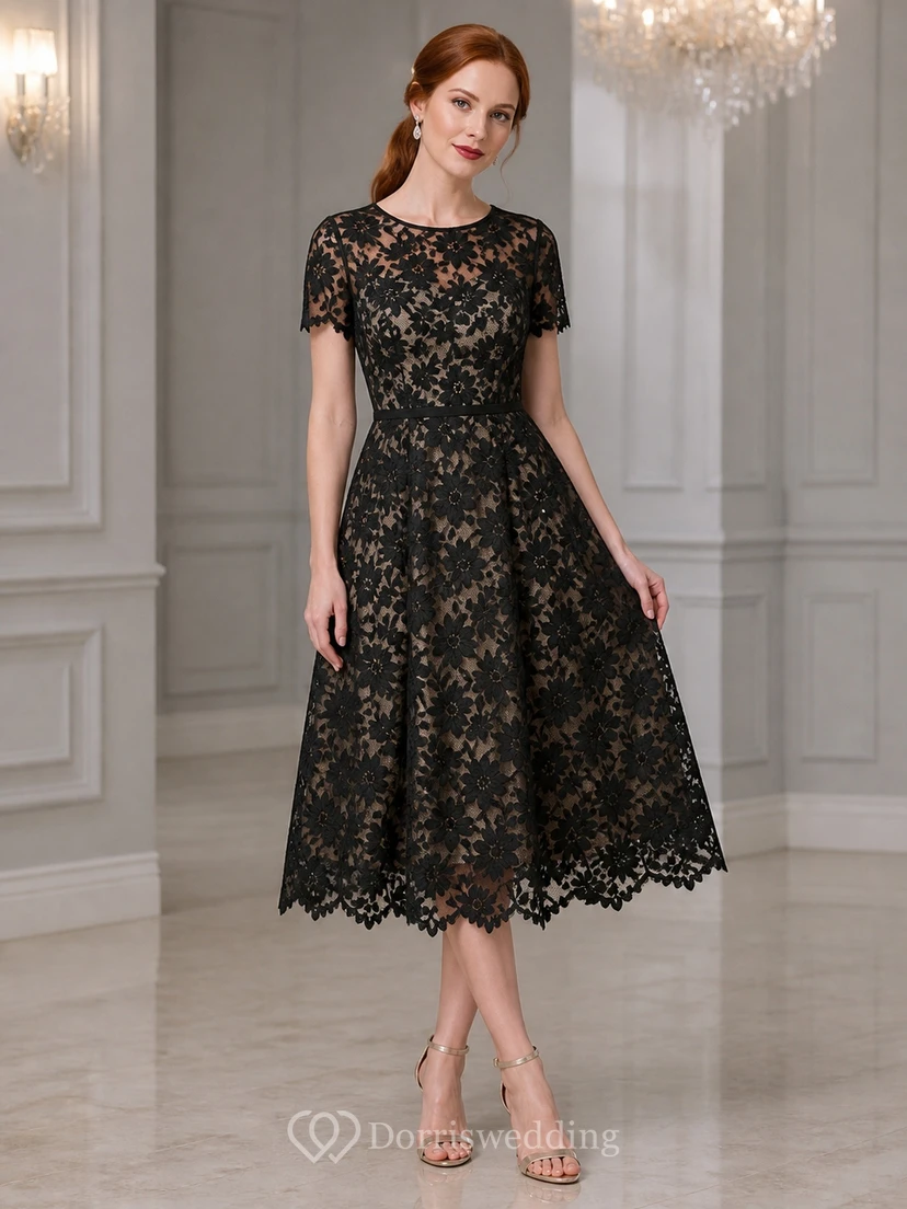 Robe de mère vintage noire en dentelle modeste, manches courtes, longueur thé, coupe trapèze