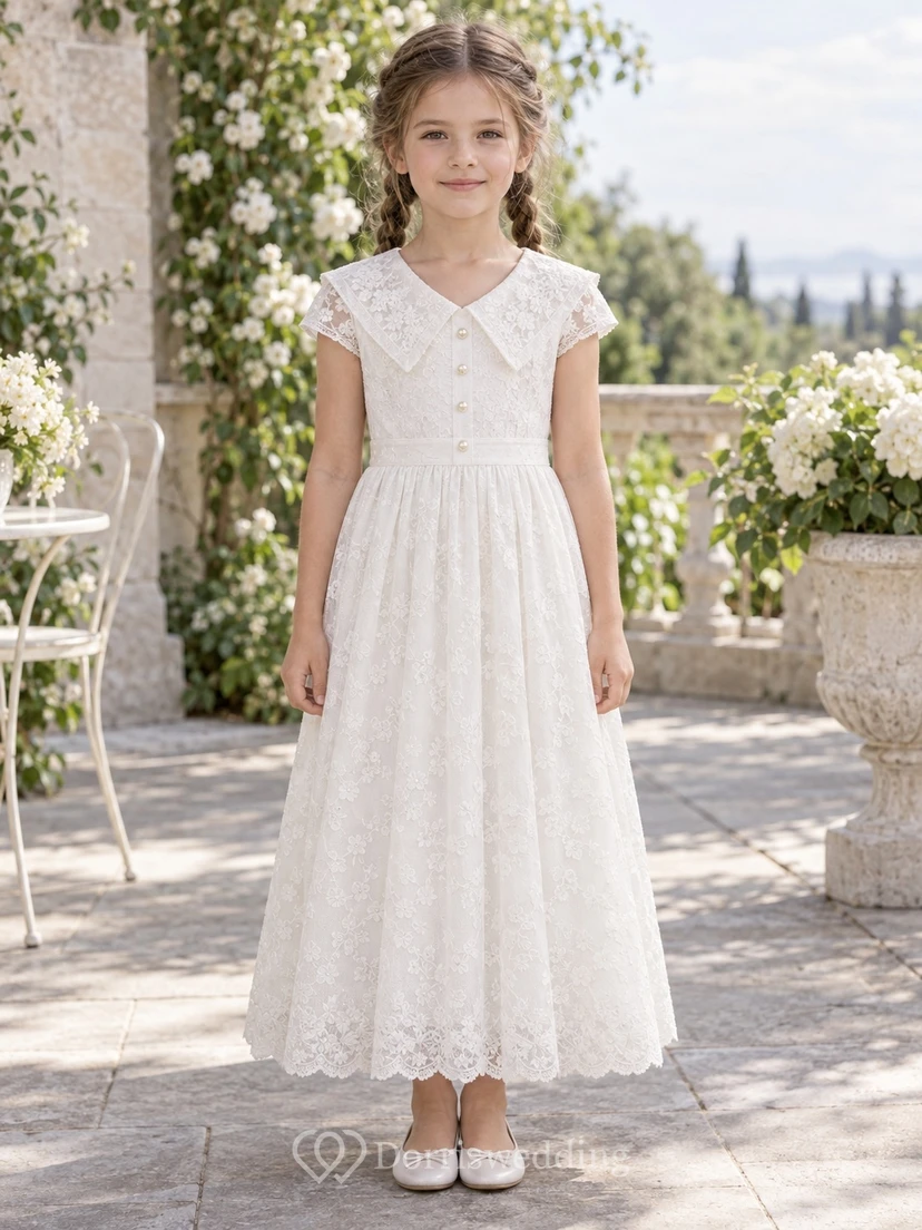 White Floral Pointed Collar Cap Sleeve Ankle-length A-Line Gathered Lace Pearl Button Waist Flowergirl Dress