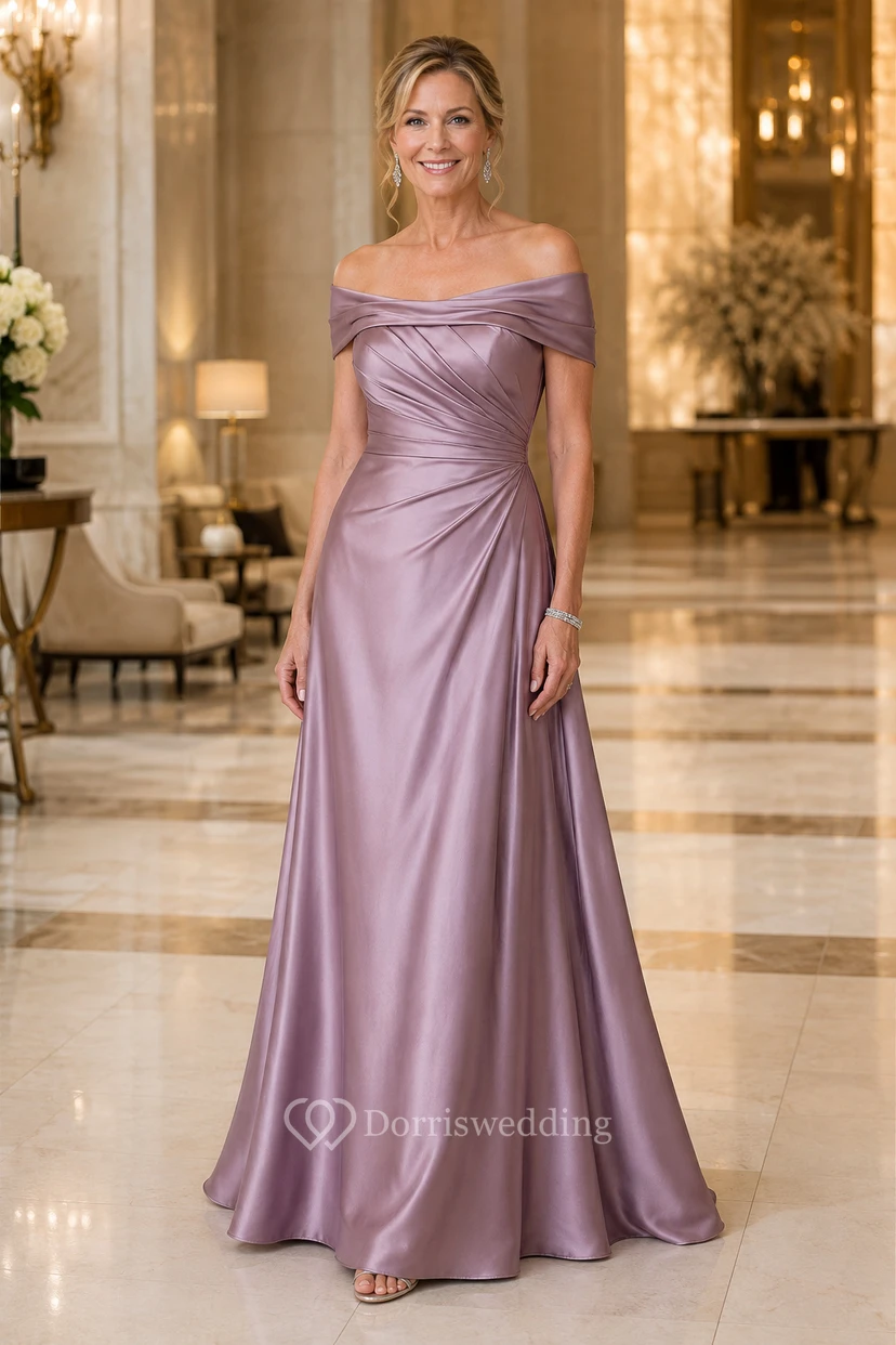 Vintage-Mauvefarbenes, schulterfreies A-Linien-Kleid aus Satin mit gerafftem Oberteil