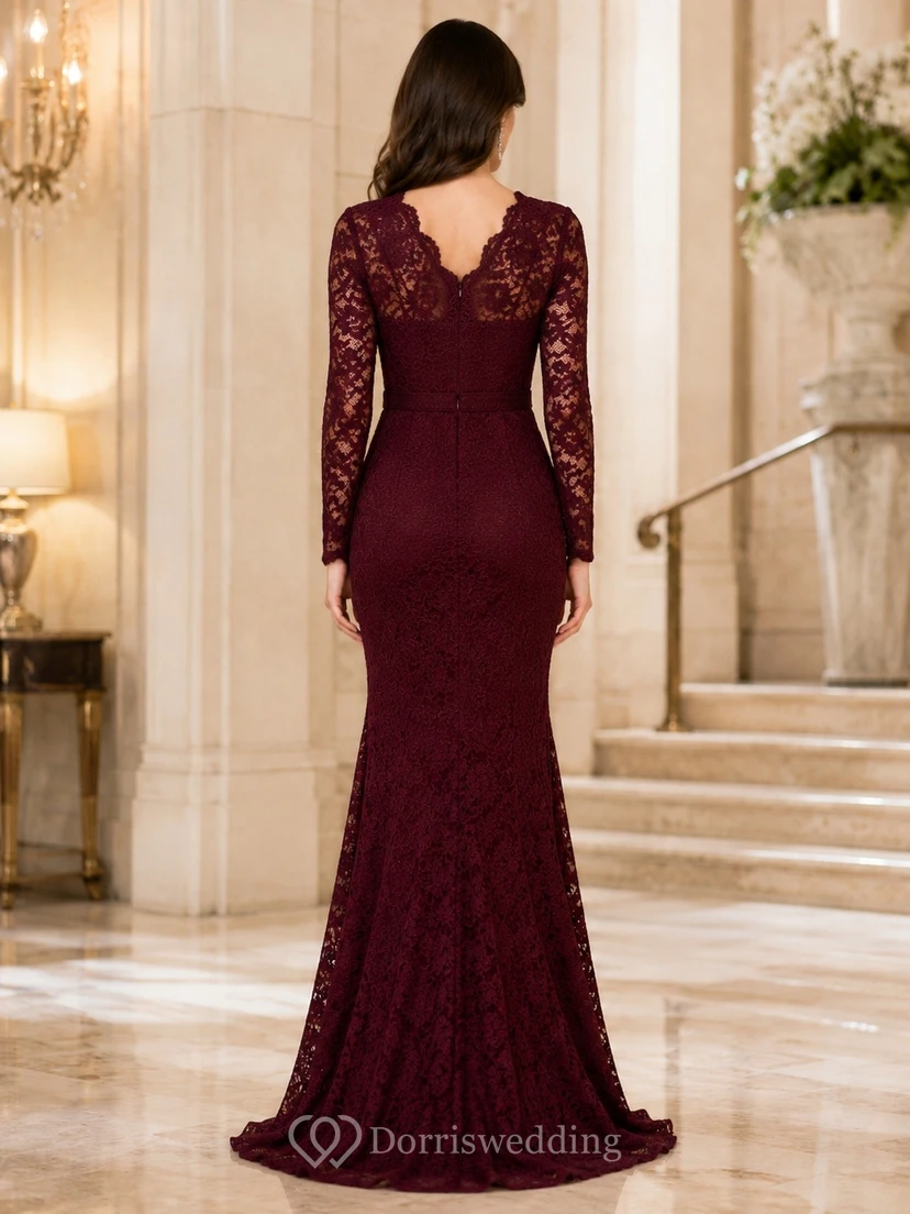 Burgundy Lace V-Neck Long-Sleeve Mermaid Sweep-Train Formal Dress view 2