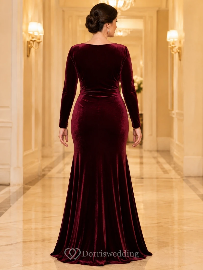 Robe de soirée sirène en velours bordeaux à manches longues et ourlet bateau, grande taille view 2