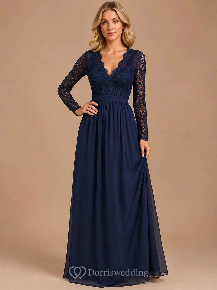 Ink Navy Lace Long Sleeve A-Line V-Neck Floor Length Modest Formal Gown