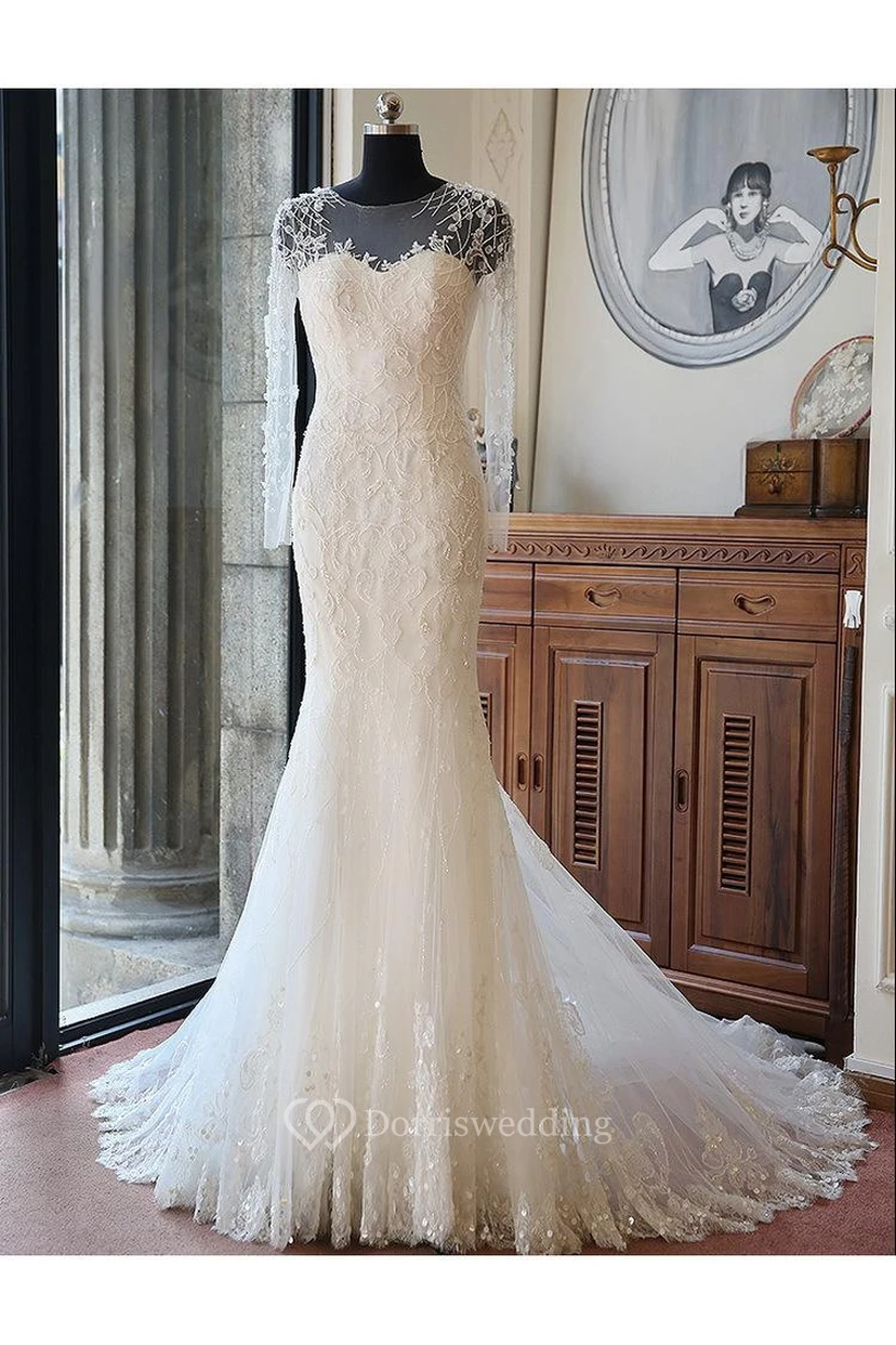 Stunning Long Sleeve Lace Wedding Dresses Mermaid With Train view 3