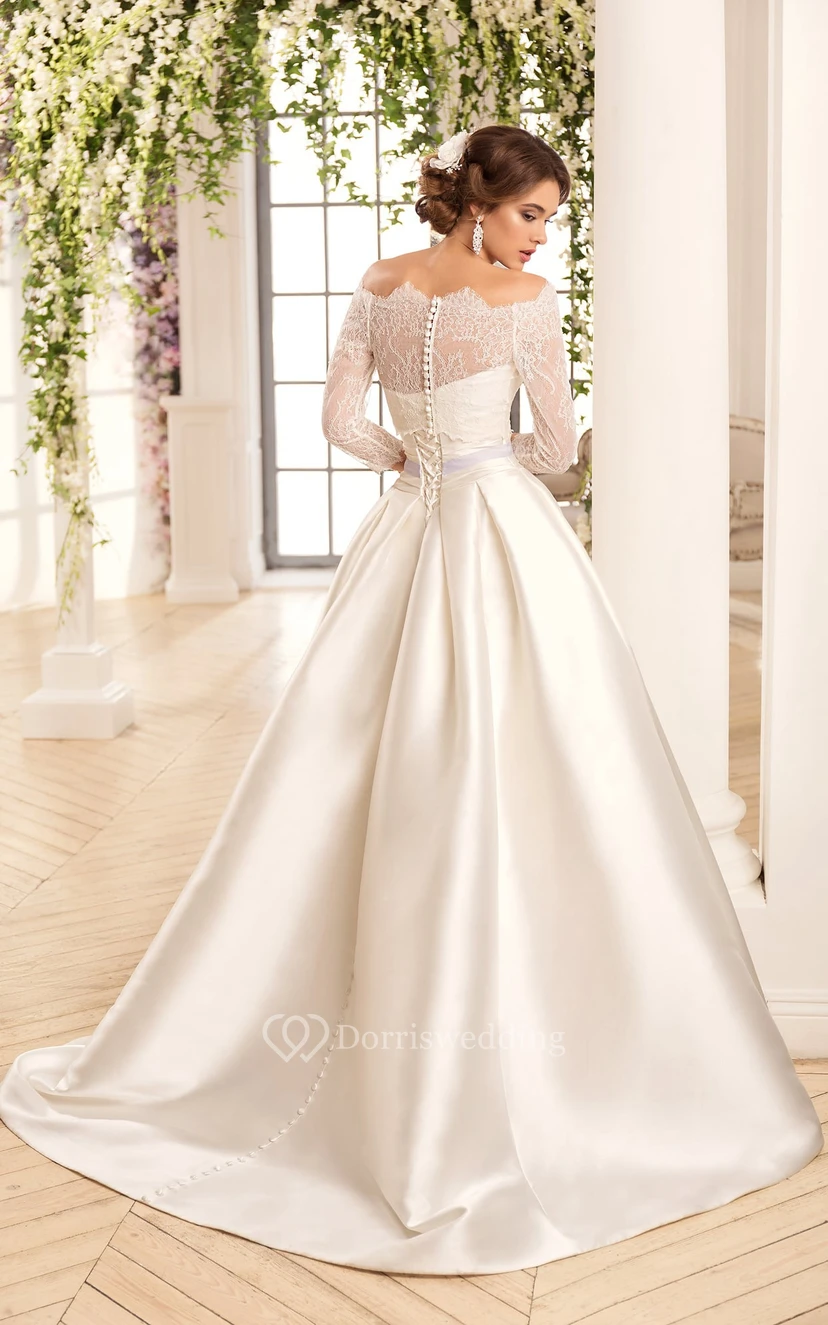 A-Line Long Off-The-Shoulder Sleeveless Illusion Satin Dress With Cape view 2