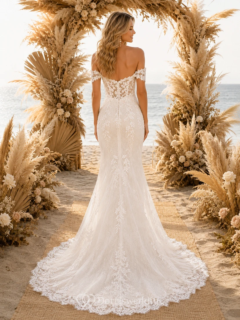 Off Shoulder Pampas Boho Mermaid Lace Ceremony Wedding Dress view 2