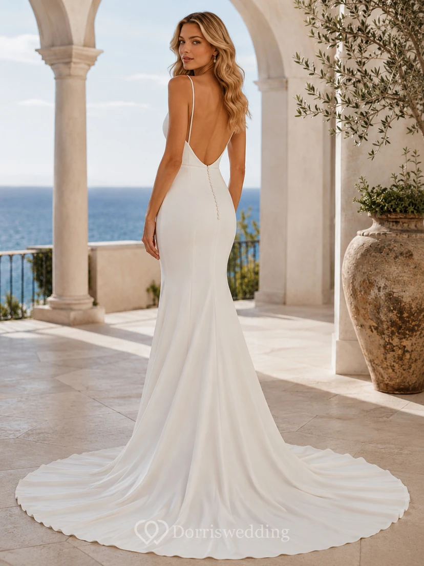 Minimalist Satin Wedding Dress Sheath V-Neck Sleeveless Sweep Train with Slit Bridal Gown view 2