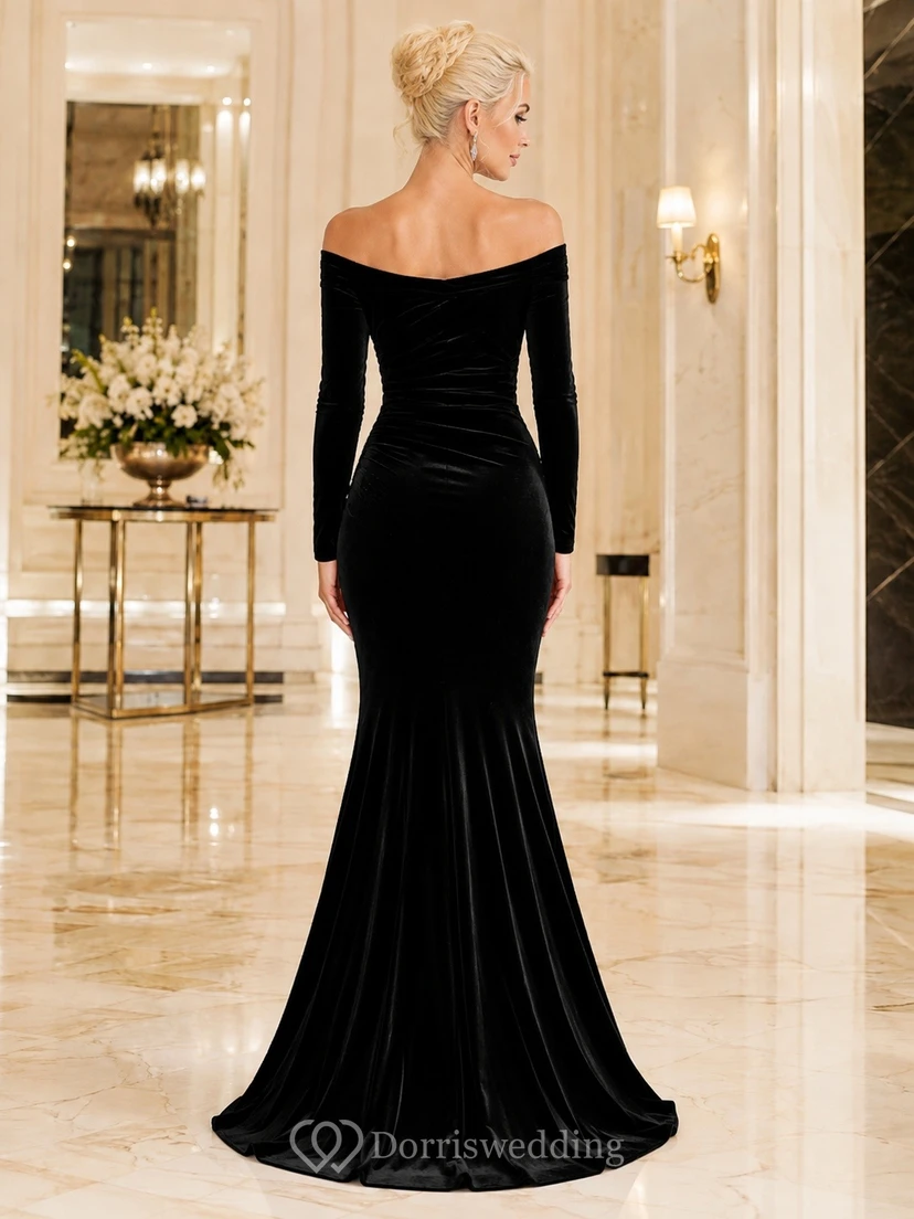 Long Sleeve Off Shoulder Mermaid Velvet Black Luxury Formal Dress view 2